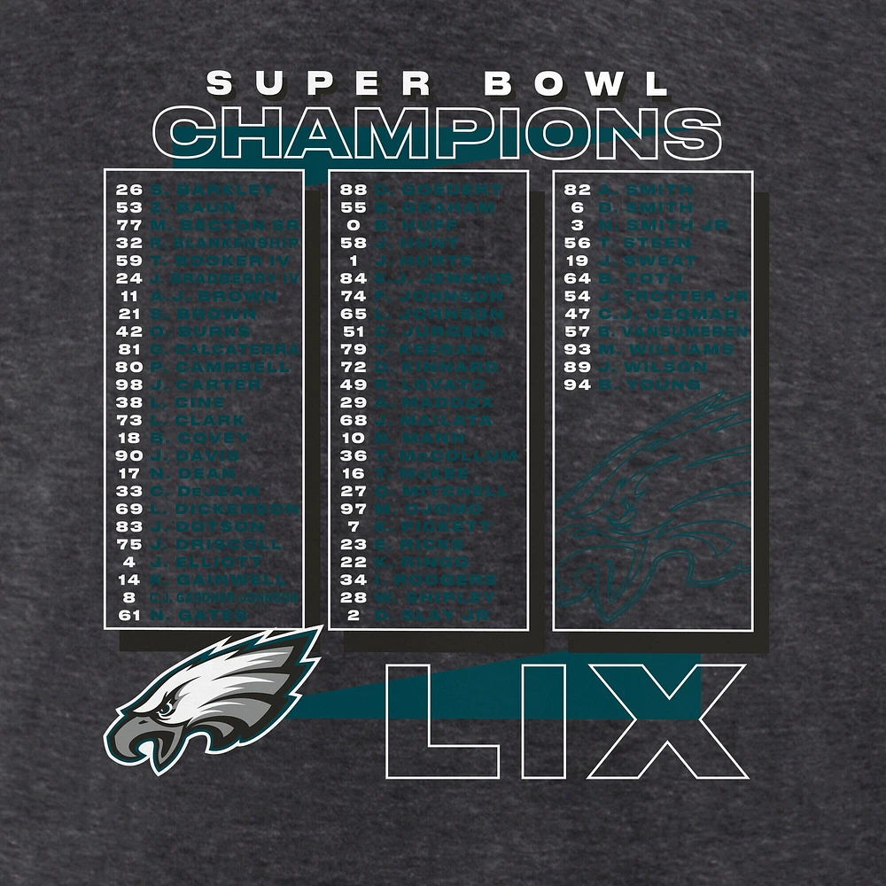 T-shirt Fanatics Heather Charcoal pour homme Philadelphia Eagles Super Bowl LIX Champions Roster