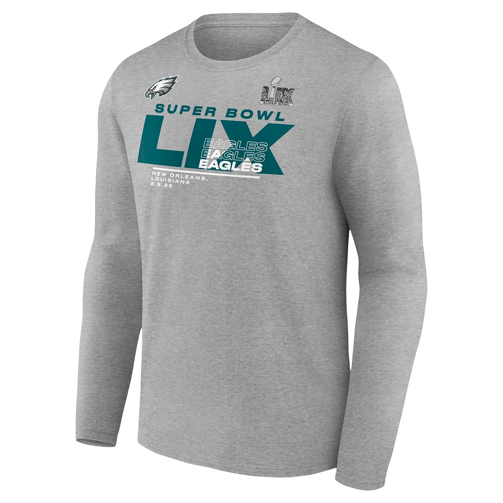 Men's Fanatics  Heather Gray Philadelphia Eagles Super Bowl LIX Big & Tall Quick Pass Long Sleeve T-Shirt