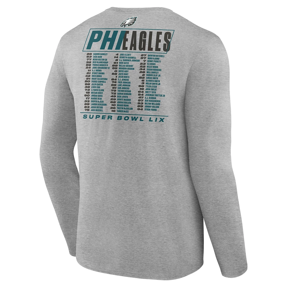 Men's Fanatics  Heather Gray Philadelphia Eagles Super Bowl LIX Big & Tall Roster Long Sleeve T-Shirt