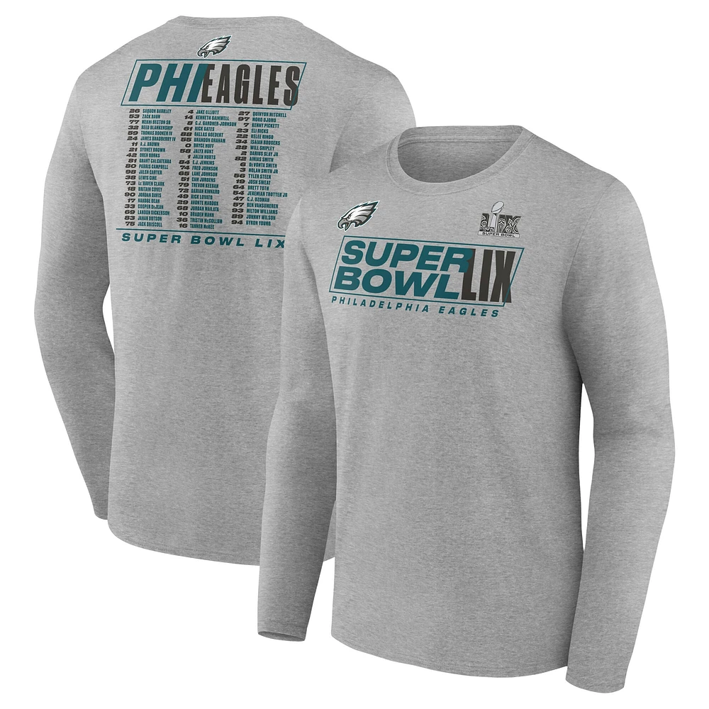 Men's Fanatics  Heather Gray Philadelphia Eagles Super Bowl LIX Big & Tall Roster Long Sleeve T-Shirt