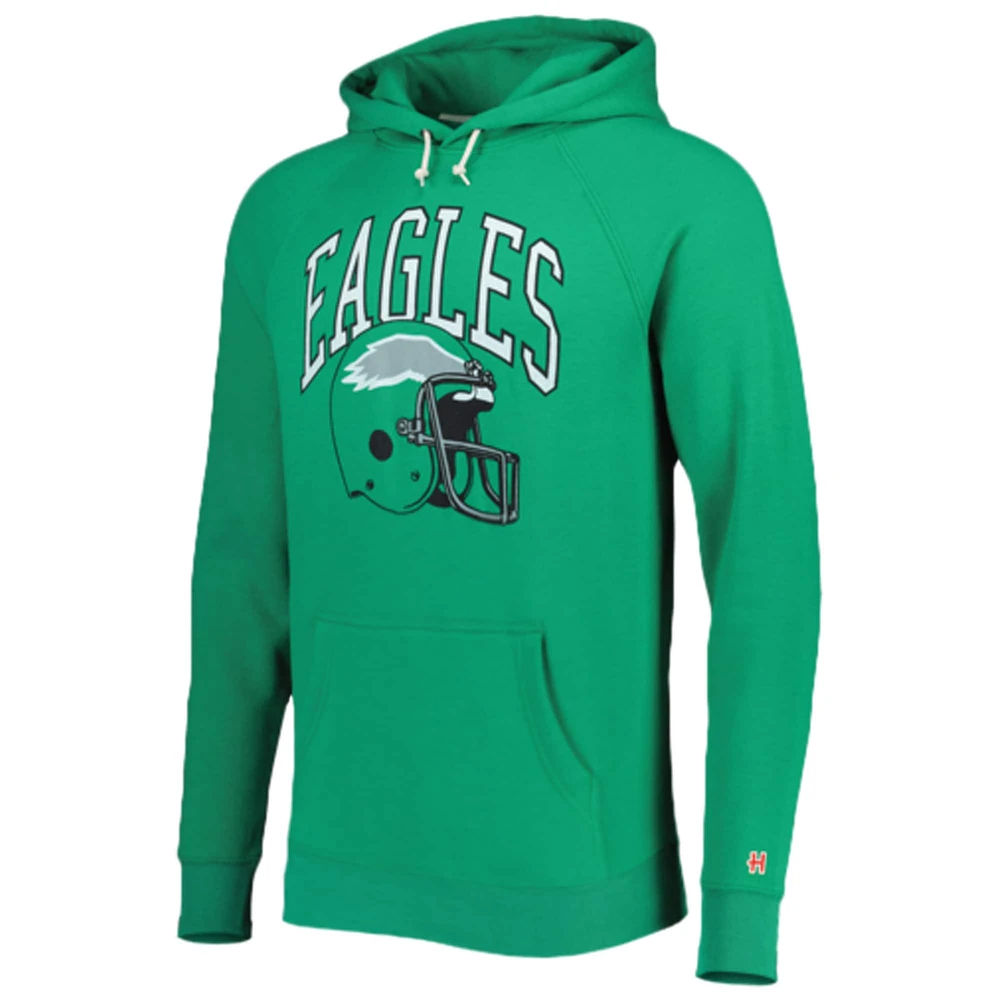 Men's Homage Kelly Green Philadelphia Eagles Retro Helmet Tri-Blend Raglan Pullover Hoodie