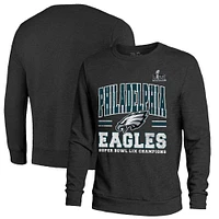 Men's Majestic Threads Black Philadelphia Eagles Super Bowl LIX Champions Big Chalk Stripe Tri-Blend Fleece Sweatshirt