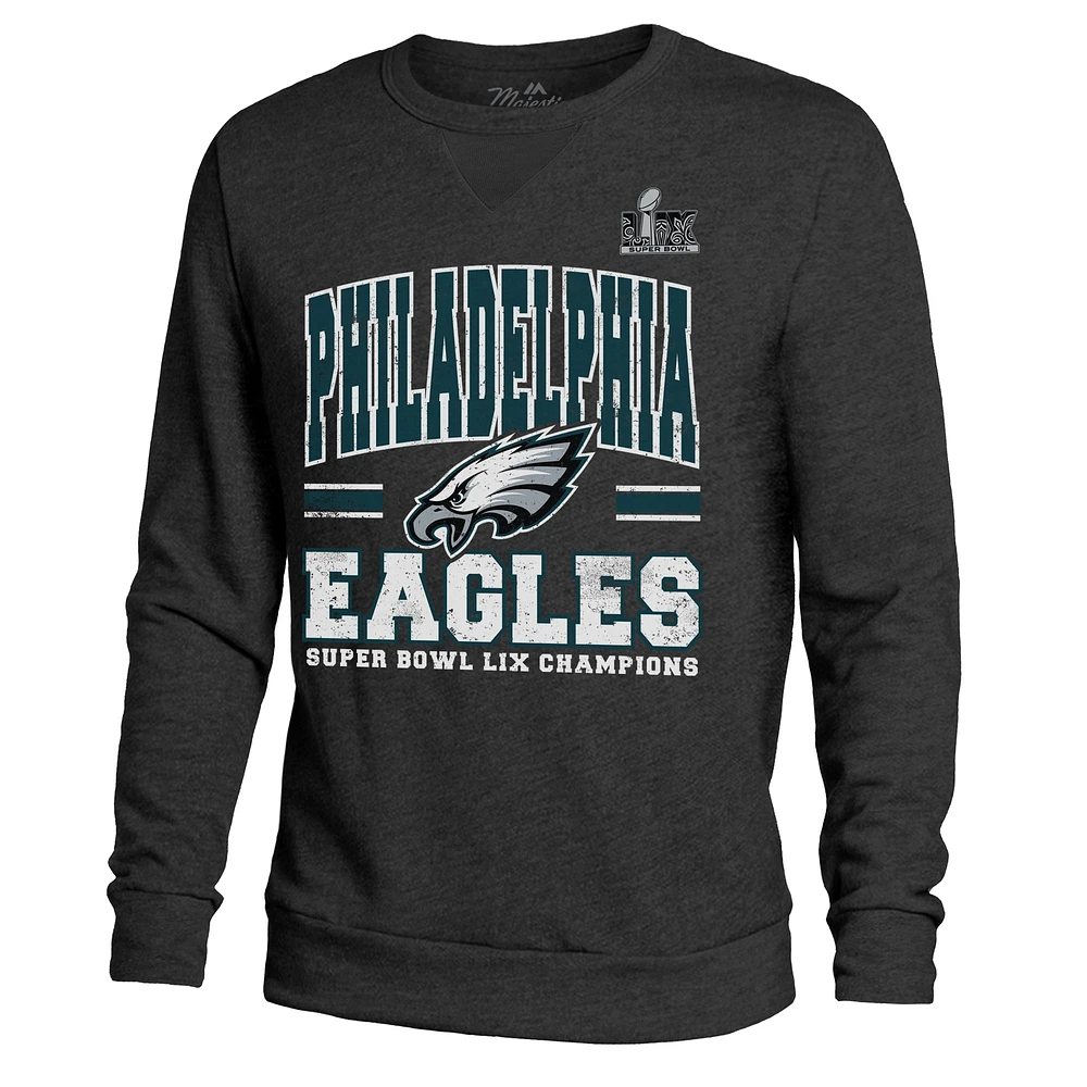 Men's Majestic Threads Black Philadelphia Eagles Super Bowl LIX Champions Big Chalk Stripe Tri-Blend Fleece Sweatshirt