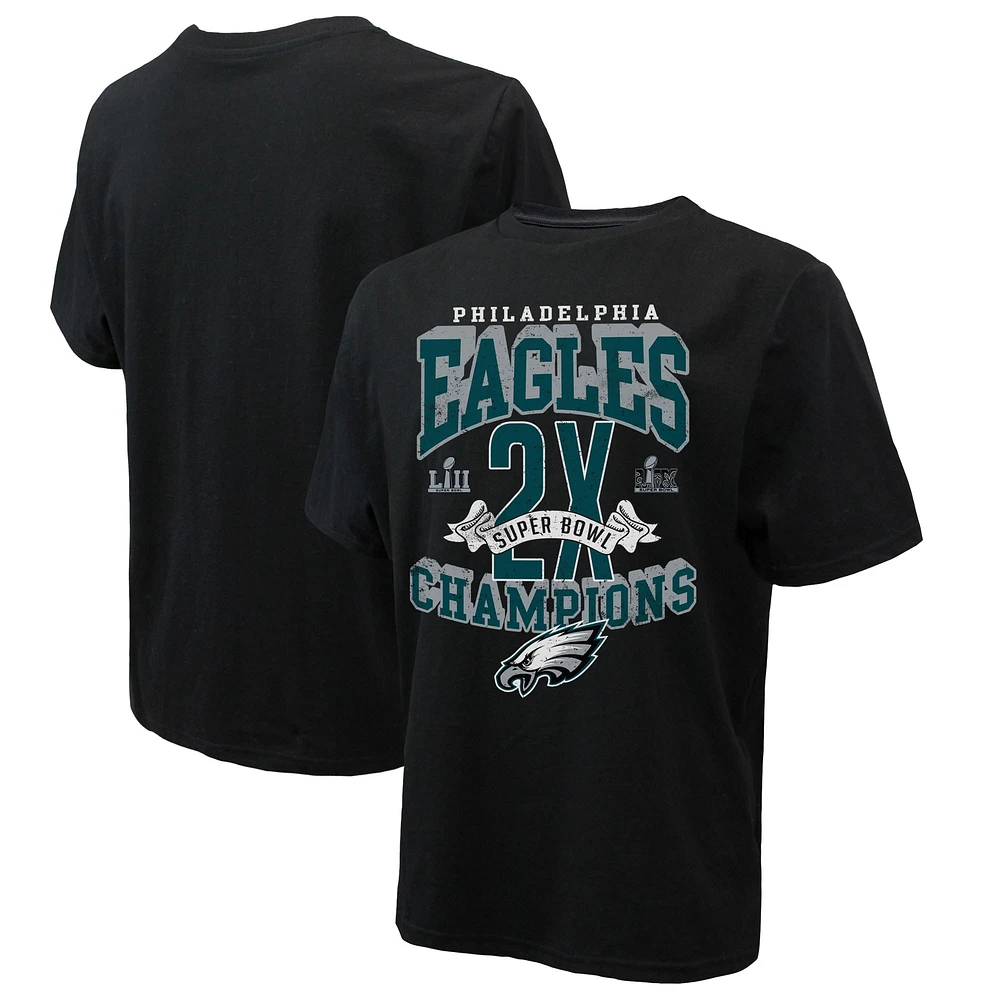 T-shirt noir Majestic Threads pour homme Philadelphia Eagles, deux fois champions du Super Bowl, Yard Lines, poids lourd