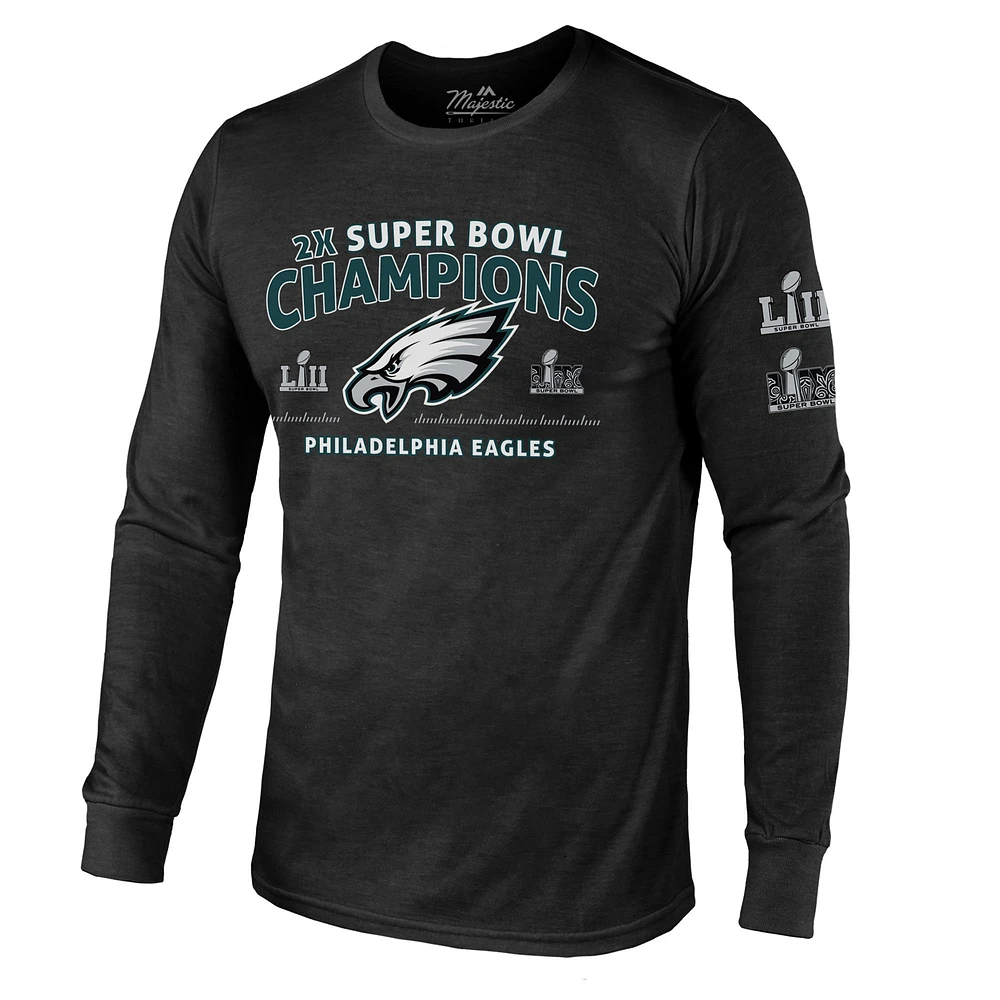Men's Majestic Threads Charcoal Philadelphia Eagles Two-Time Super Bowl Champions Sky High Long Sleeve Tri-Blend T-Shirt