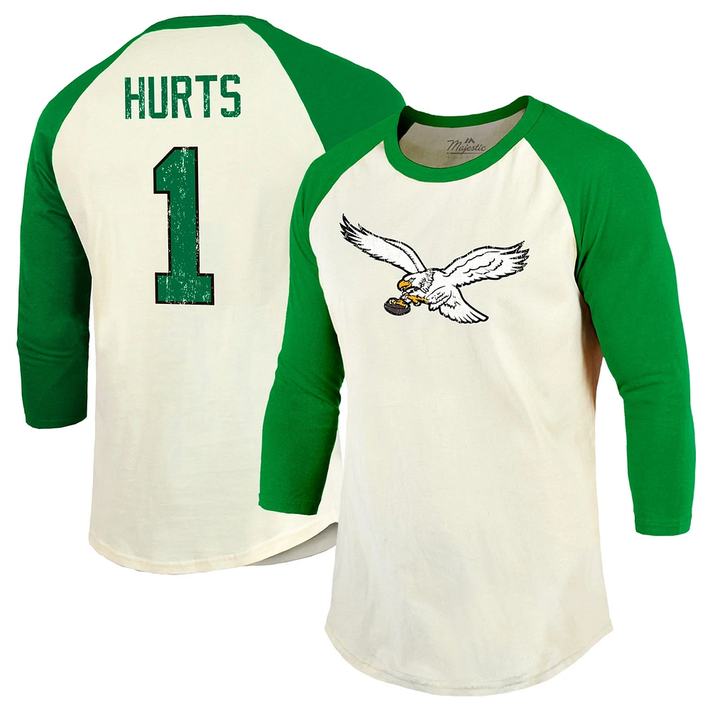 Majestic Threads pour homme Jalen Hurts Cream/Kelly Green Philadelphia Eagles Alternate Player Name & Number Raglan 3/4-Sleeve T-Shirt