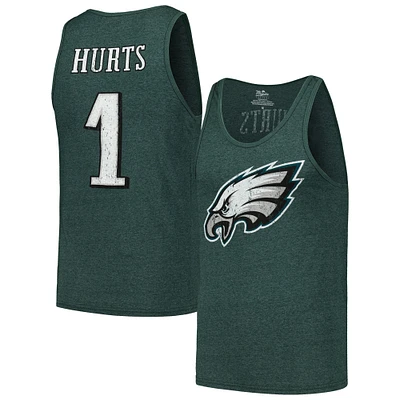 Débardeur tri-mélange vert Majestic Threads Jalen Hurts pour hommes avec nom et numéro des Eagles de Philadelphie