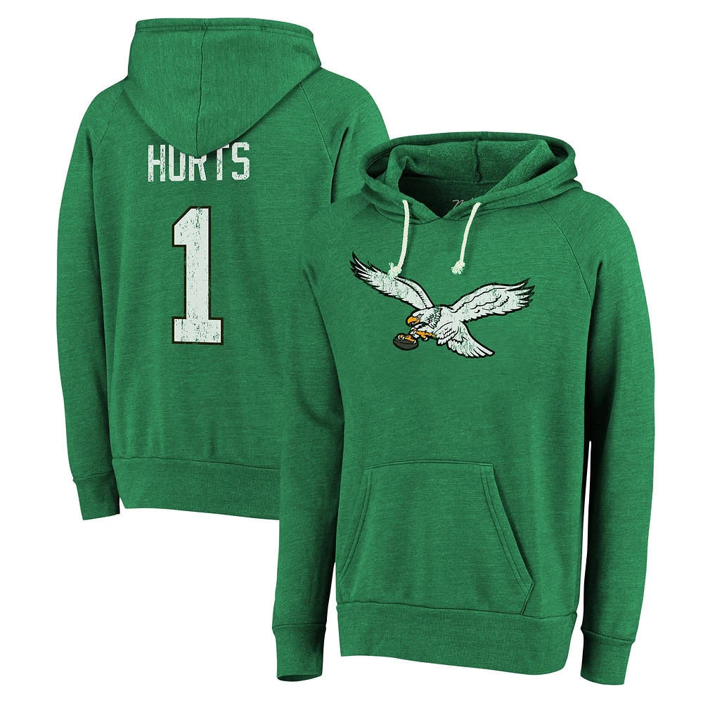 Men's Majestic Threads Jalen Hurts Kelly Green Philadelphia Eagles Name & Number Tri-Blend Pullover Hoodie