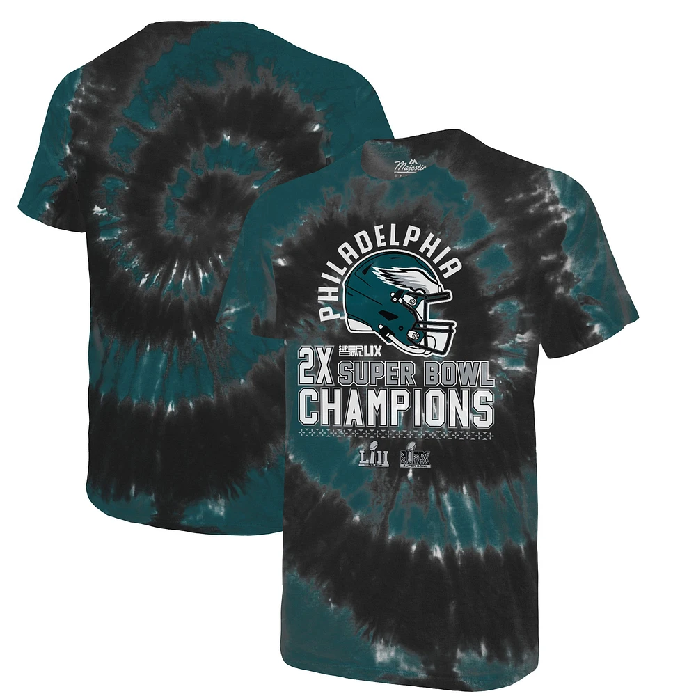 Men's Majestic Threads Midnight Green/Black Philadelphia Eagles Two-Time Super Bowl Champions Hard Count Spiral Tie-Dye T-Shirt