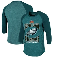 T-shirt Majestic Threads pour homme, vert nuit, Philadelphia Eagles, Super Bowl LIX Champions Choke Up, manches 3/4, raglan, mélange de trois