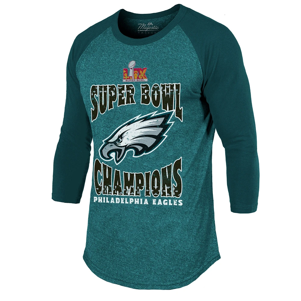 T-shirt Majestic Threads pour homme, vert nuit, Philadelphia Eagles, Super Bowl LIX Champions Choke Up, manches 3/4, raglan, mélange de trois