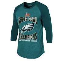 T-shirt Majestic Threads pour homme, vert nuit, Philadelphia Eagles, Super Bowl LIX Champions Choke Up, manches 3/4, raglan, mélange de trois