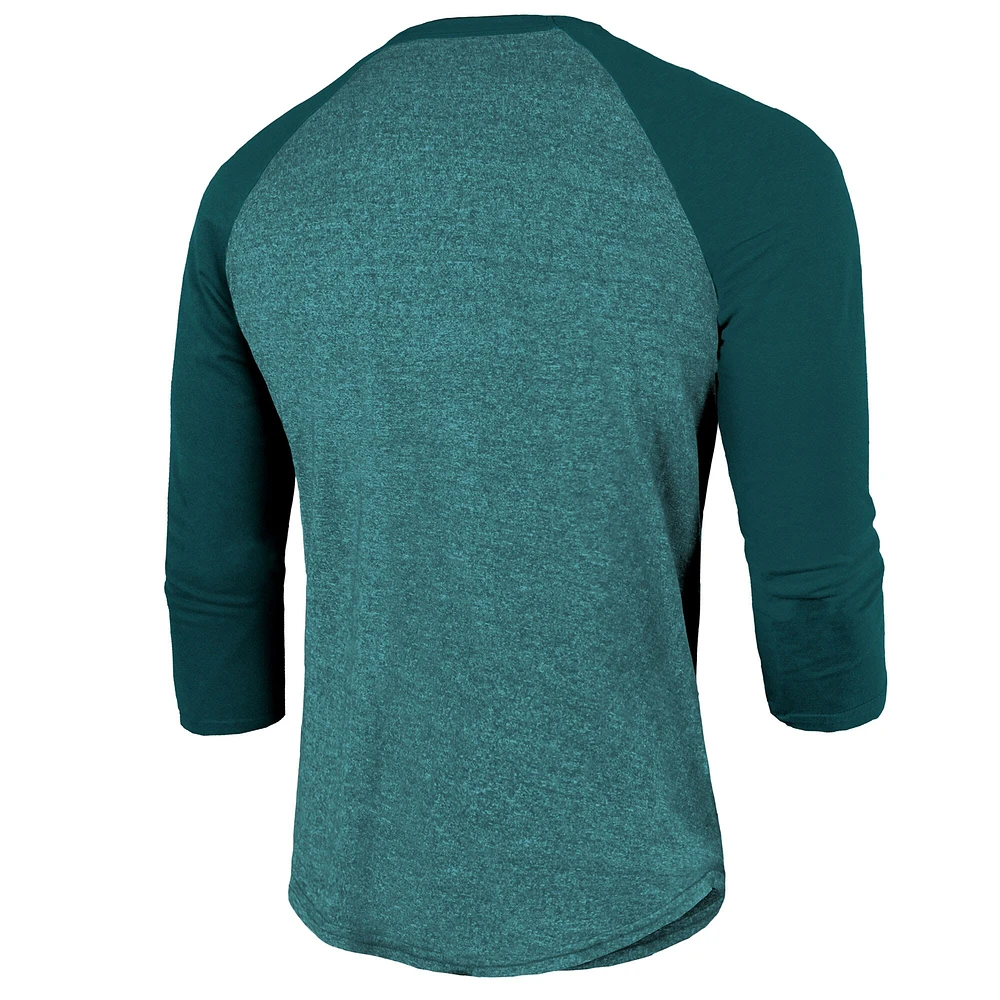 T-shirt Majestic Threads pour homme, vert nuit, Philadelphia Eagles, Super Bowl LIX Champions Choke Up, manches 3/4, raglan, mélange de trois