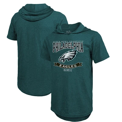 T-shirt à capuche tri-blend vert nuit pour homme Majestic Threads Philadelphia Eagles Super Bowl LIX Champions Coffin Corner