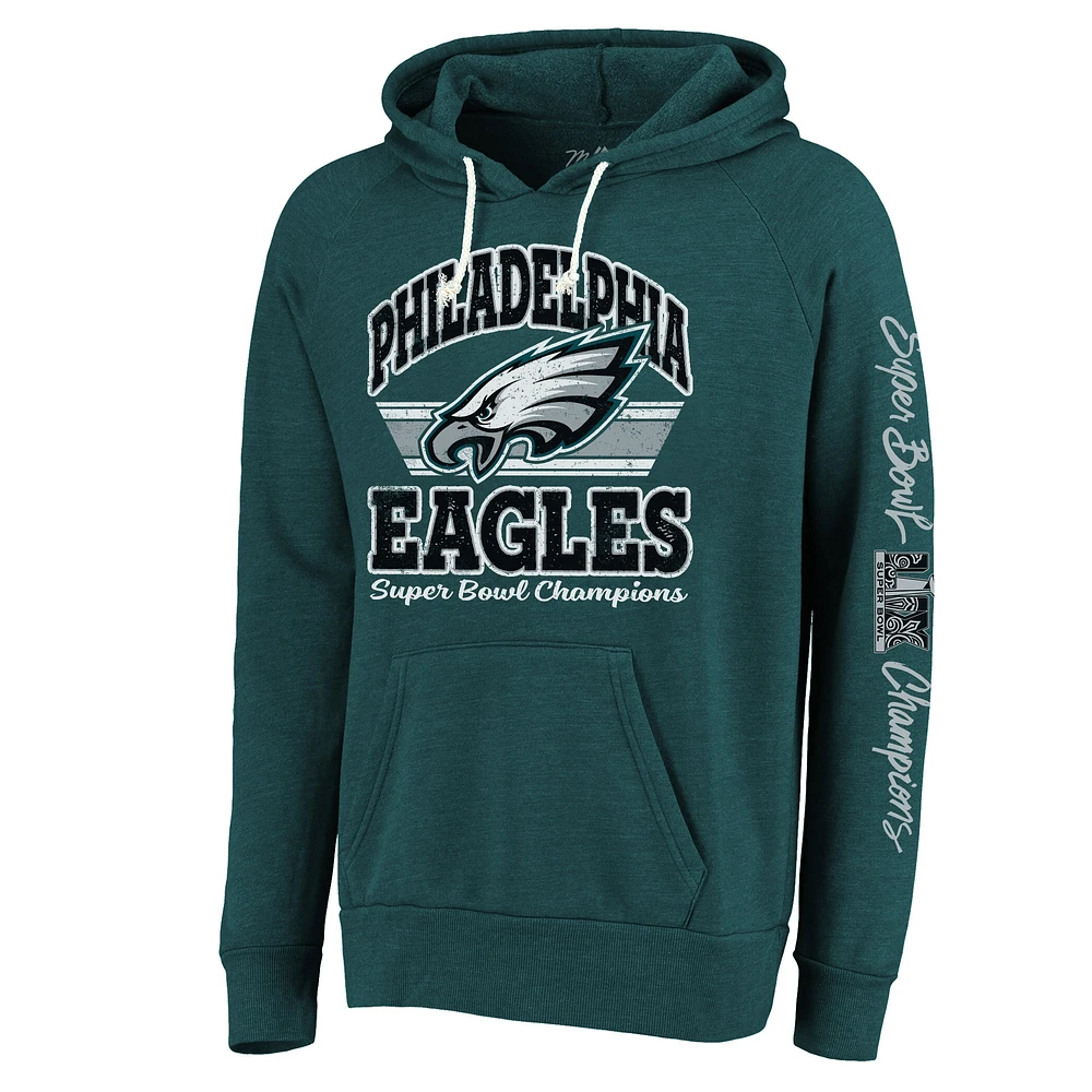Men's Majestic Threads Midnight Green Philadelphia Eagles Super Bowl LIX Champions Sonder Tri-Blend Pullover Hoodie