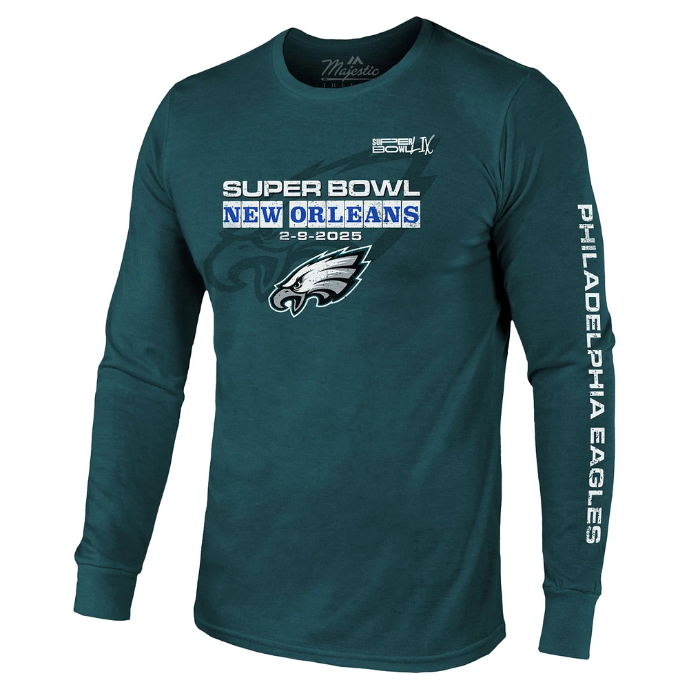 Men's Majestic Threads  Midnight Green Philadelphia Eagles Super Bowl LIX Tri-Blend Long Sleeve T-Shirt