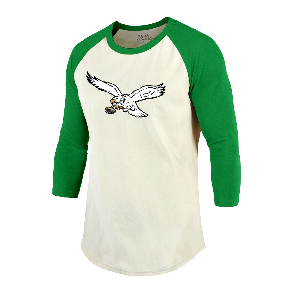 T-shirt à manches raglan 3/4 pour homme Majestic Threads Reggie White Cream/Kelly Green Philadelphia Eagles avec nom et numéro de joueur retraité