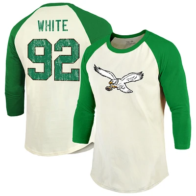 T-shirt à manches raglan 3/4 pour homme Majestic Threads Reggie White Cream/Kelly Green Philadelphia Eagles avec nom et numéro de joueur retraité