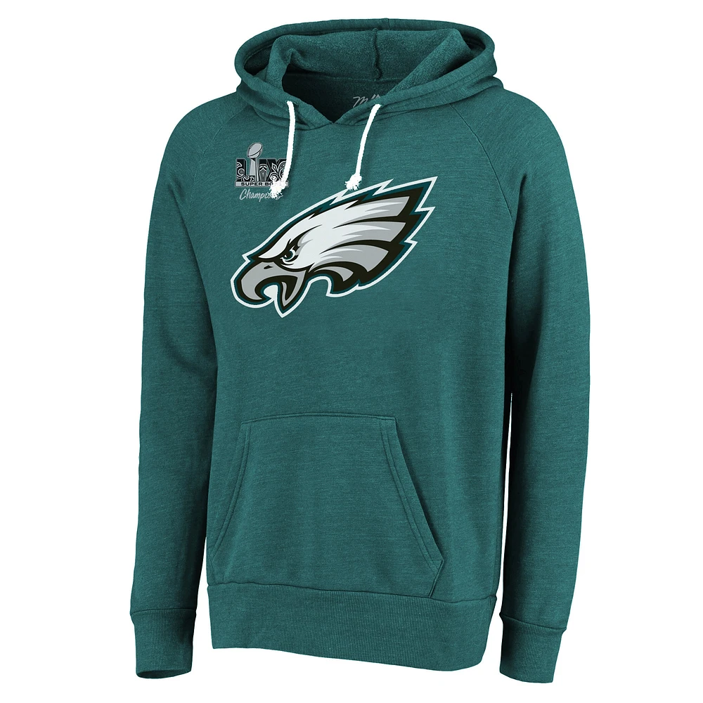 Men's Majestic Threads Saquon Barkley Midnight Green Philadelphia Eagles Super Bowl LIX Champions Name & Number Tri-Blend Pullover Hoodie