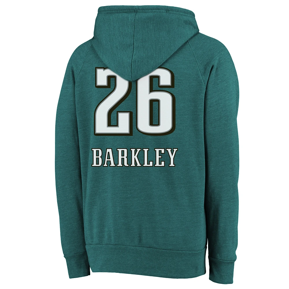 Men's Majestic Threads Saquon Barkley Midnight Green Philadelphia Eagles Super Bowl LIX Champions Name & Number Tri-Blend Pullover Hoodie
