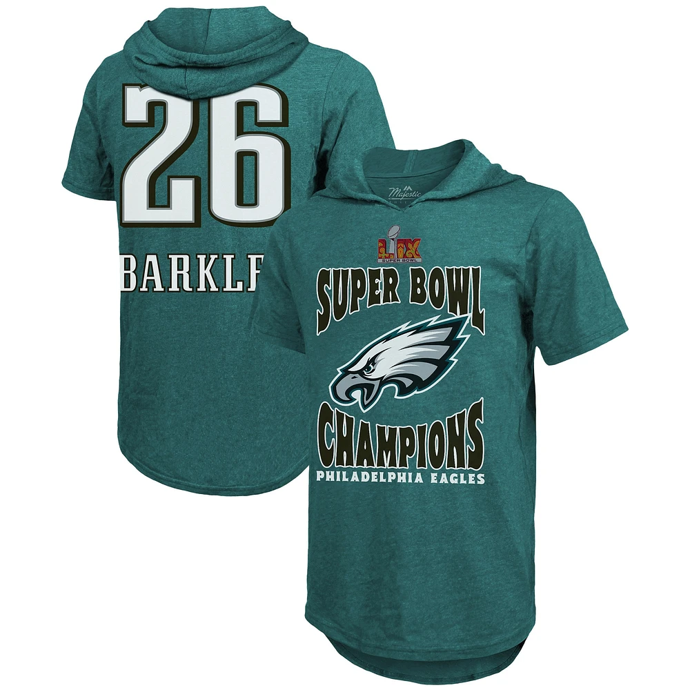 Men's Majestic Threads Saquon Barkley Midnight Green Philadelphia Eagles Super Bowl LIX Champions Name & Number Tri-Blend Short Sleeve Pullover Hoodie