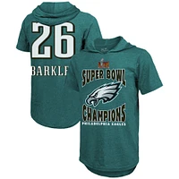 Men's Majestic Threads Saquon Barkley Midnight Green Philadelphia Eagles Super Bowl LIX Champions Name & Number Tri-Blend Short Sleeve Pullover Hoodie