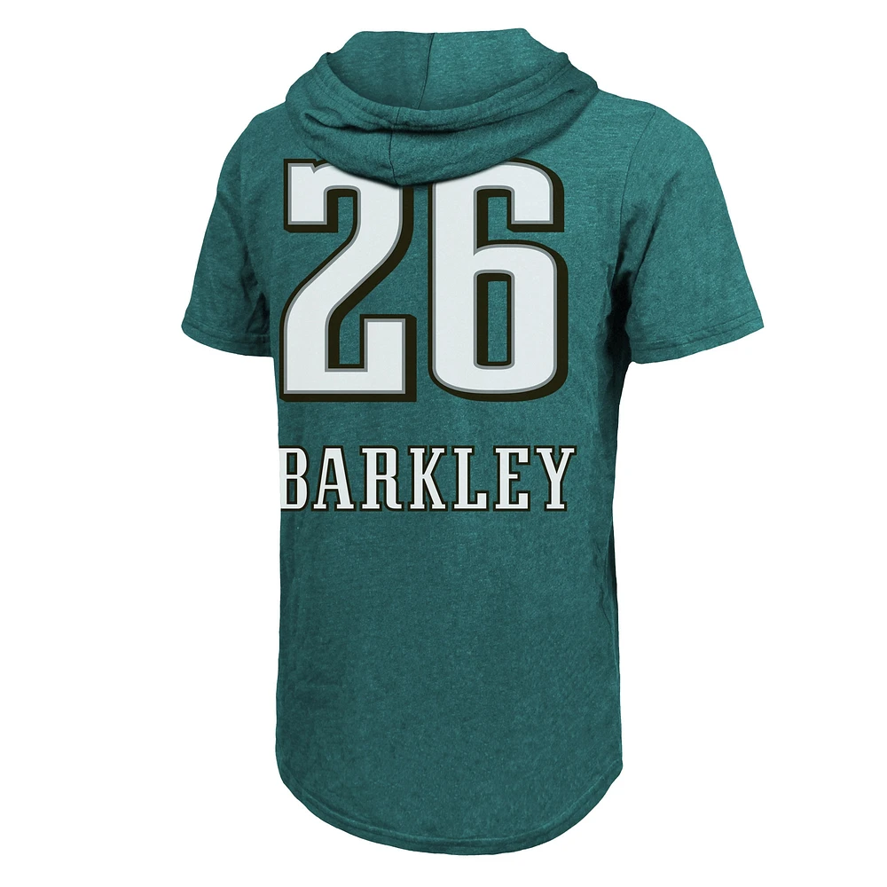Men's Majestic Threads Saquon Barkley Midnight Green Philadelphia Eagles Super Bowl LIX Champions Name & Number Tri-Blend Short Sleeve Pullover Hoodie