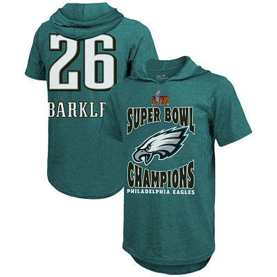Men's Majestic Threads Saquon Barkley Midnight Green Philadelphia Eagles Super Bowl LIX Champions Name & Number Tri-Blend Short Sleeve Pullover Hoodie