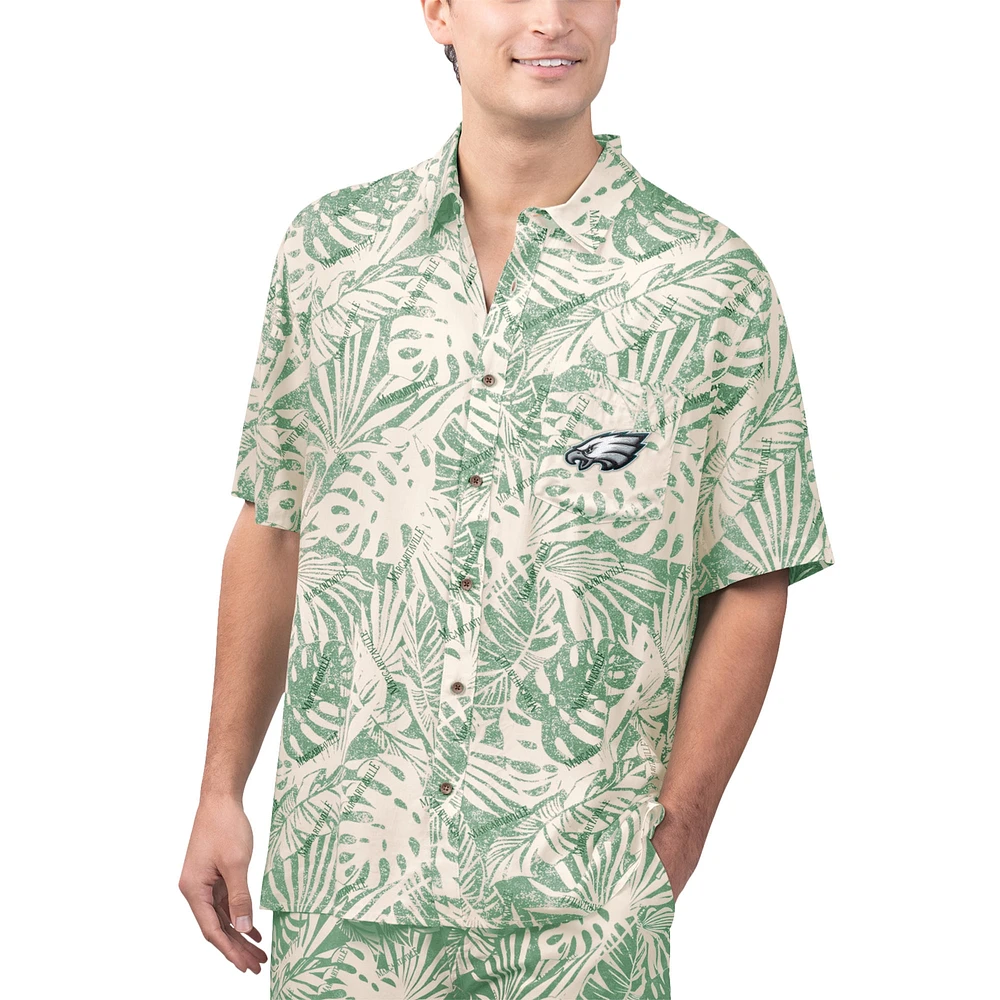 Chemise boutonnée de fête à imprimé Monstera délavée au sable des Eagles Philadelphie Margaritaville vert minuit pour hommes