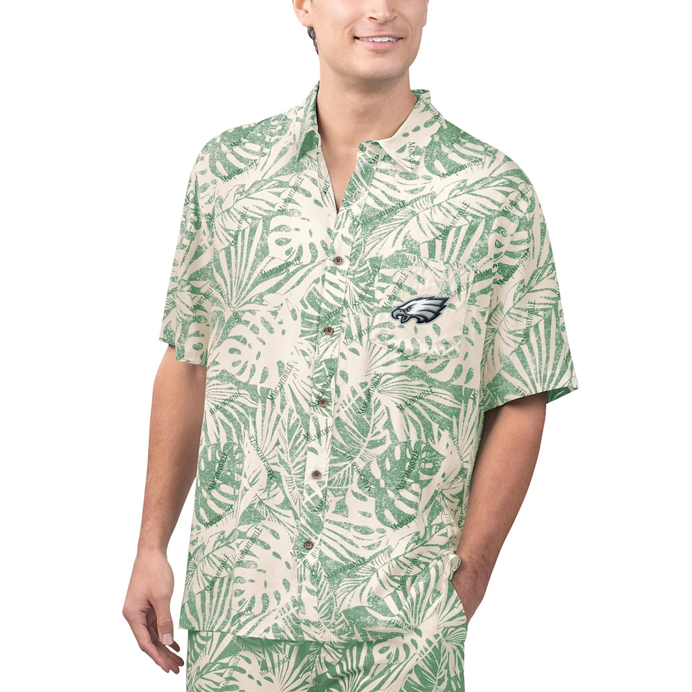 Chemise boutonnée de fête à imprimé Monstera délavé au sable des Eagles Philadelphie Margaritaville pour hommes