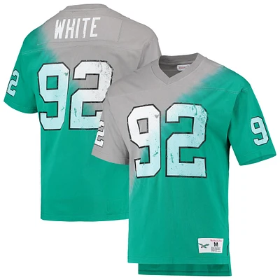 Mitchell & Ness Reggie pour hommes, blanc gris/vert Kelly, nom et numéro du joueur retraité des Eagles de Philadelphie, t-shirt à col en V tie-dye diagonale