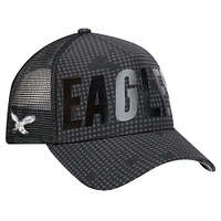 Men's New Era Black Philadelphia Eagles Throwback Midnight Ink Tonal Text A-Frame Trucker 9FORTY Adjustable Hat