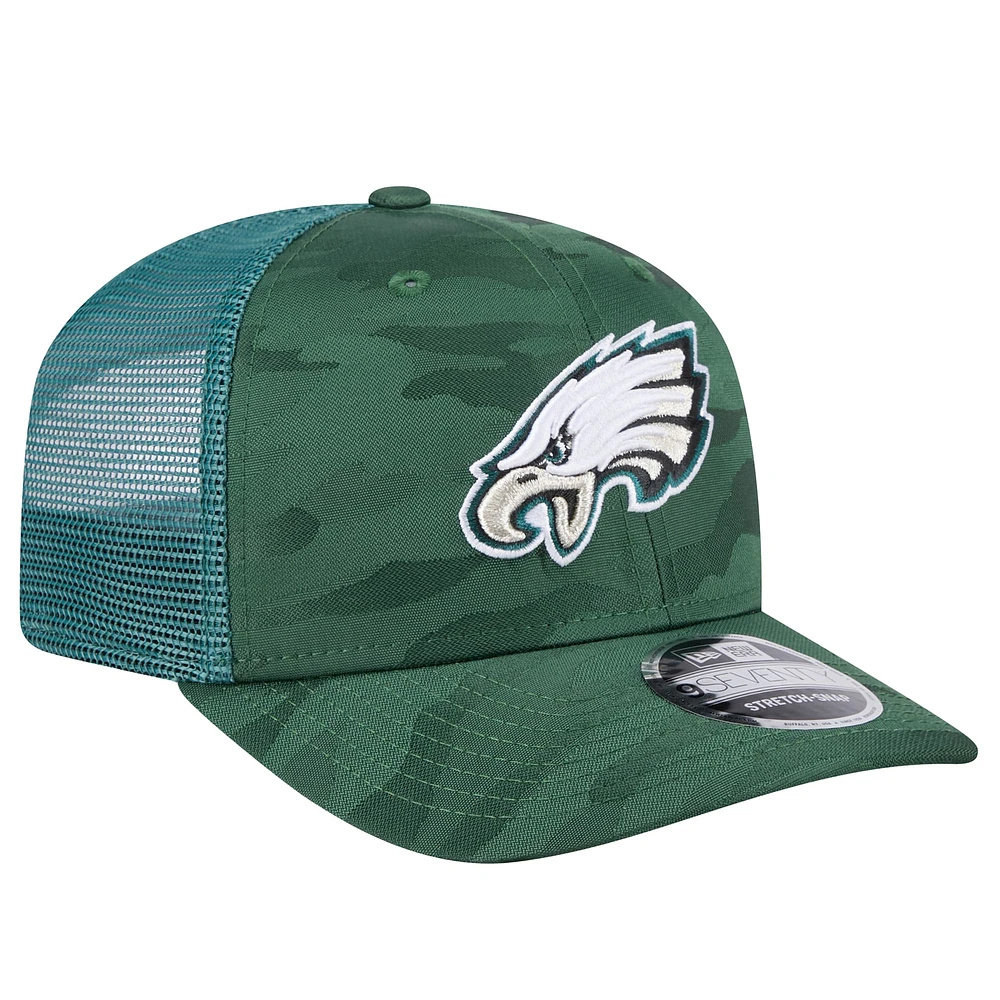 Men's New Era Midnight Green Philadelphia Eagles Adventure Camo Trucker 9SEVENTY Stretch-Snap Adjustable Hat