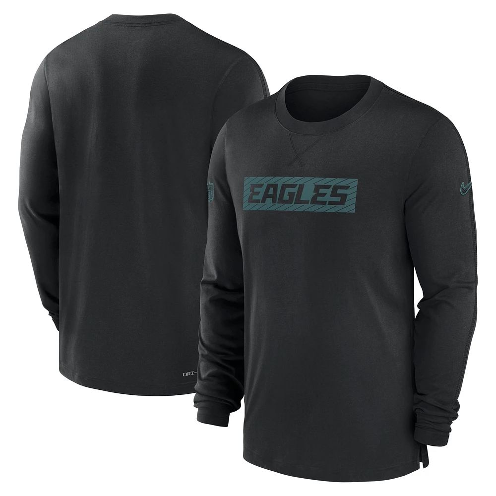 T-shirt Nike noir à manches longues pour homme Philadelphia Eagles Sideline Player Performance