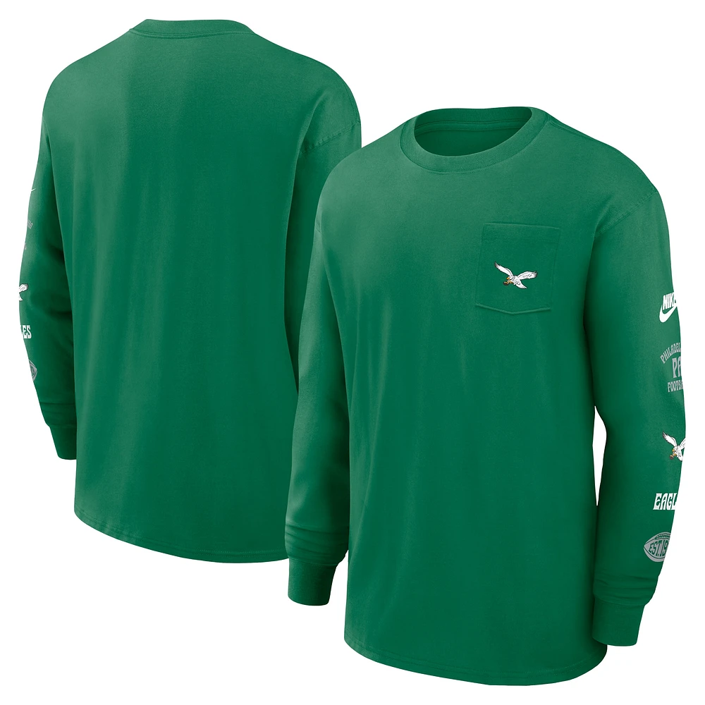 T-shirt à manches longues Nike Philadelphia Eagles Rewind Heavy Max 90 Pocket pour homme, vert