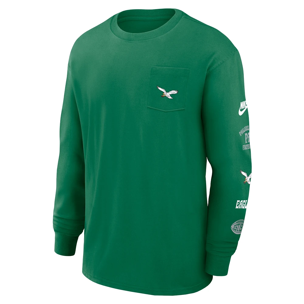 Men's Nike Kelly Green Philadelphia Eagles Rewind Heavy Max90 Pocket Long Sleeve T-Shirt