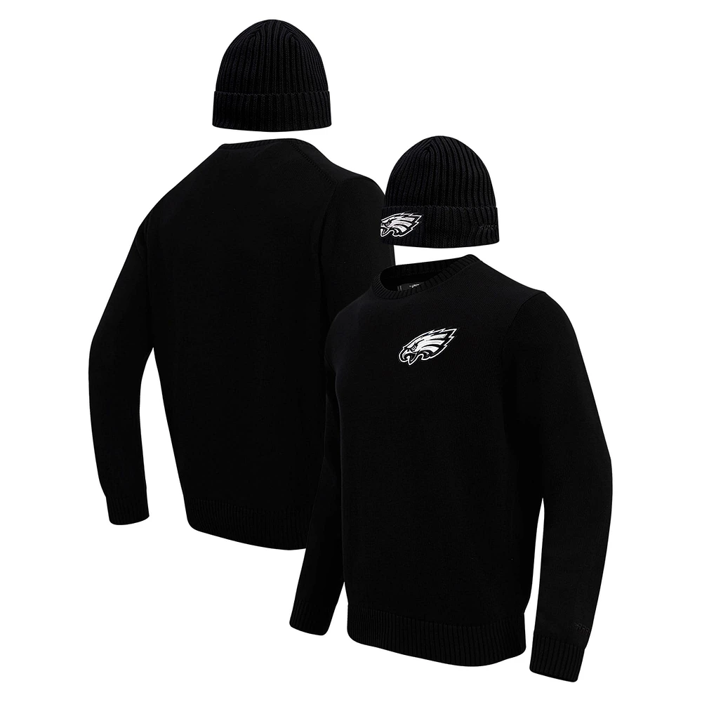 Pull à col rond et chapeau en tricot revers Pro Standard pour hommes, noir, Philadelphia Eagles, coffret cadeau