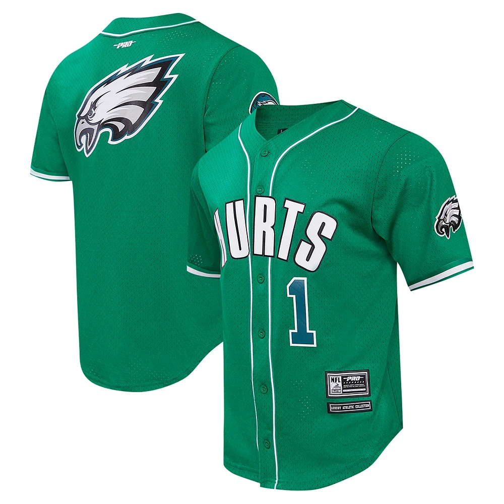 Maillot de baseball boutonné en maille Pro Standard Jalen Hurts Kelly Green Philadelphia Eagles pour hommes