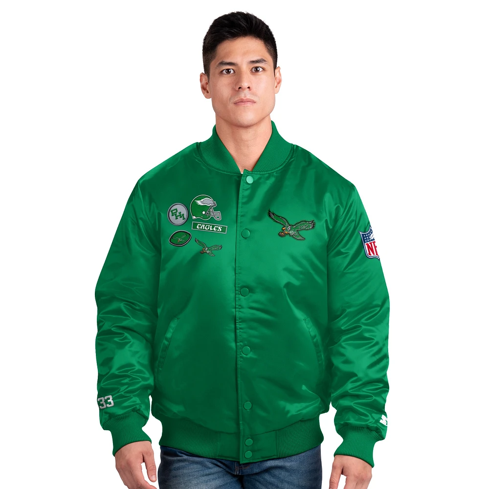 Veste universitaire en satin à boutons-pression exclusive pour hommes Starter Kelly Green Philadelphia Eagles