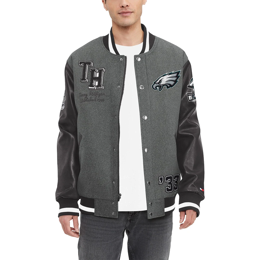 Veste universitaire entièrement zippée Tommy Hilfiger gris chiné/noir pour hommes des Philadelphia Eagles Gunner