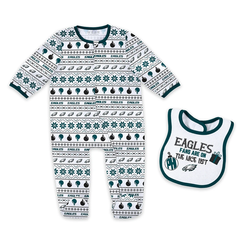 Ensemble pyjama et bavoir à fermeture éclair pour nouveau-né bébé par Erin Andrews Philadelphia Eagles imprimé intégral