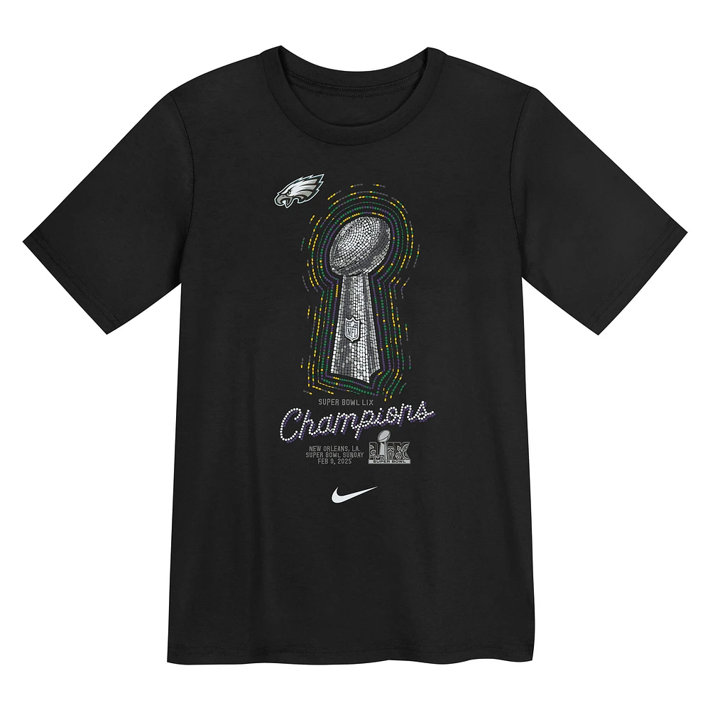 T-shirt Nike noir pour enfant Philadelphia Eagles Super Bowl LIX Champions Lombardi Trophy