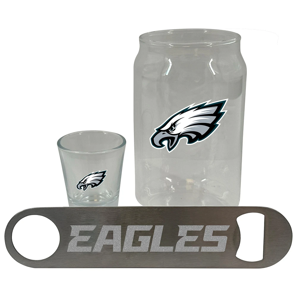 Ensemble de trois verres à bière Philadelphia Eagles de The Memory Company, verre à liqueur de 2 oz et décapsuleur