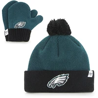 Ensemble bonnet en tricot à revers Bam Bam des Eagles de Philadelphie '47 vert nuit/noir pour tout-petit avec ensemble pompon et mitaines