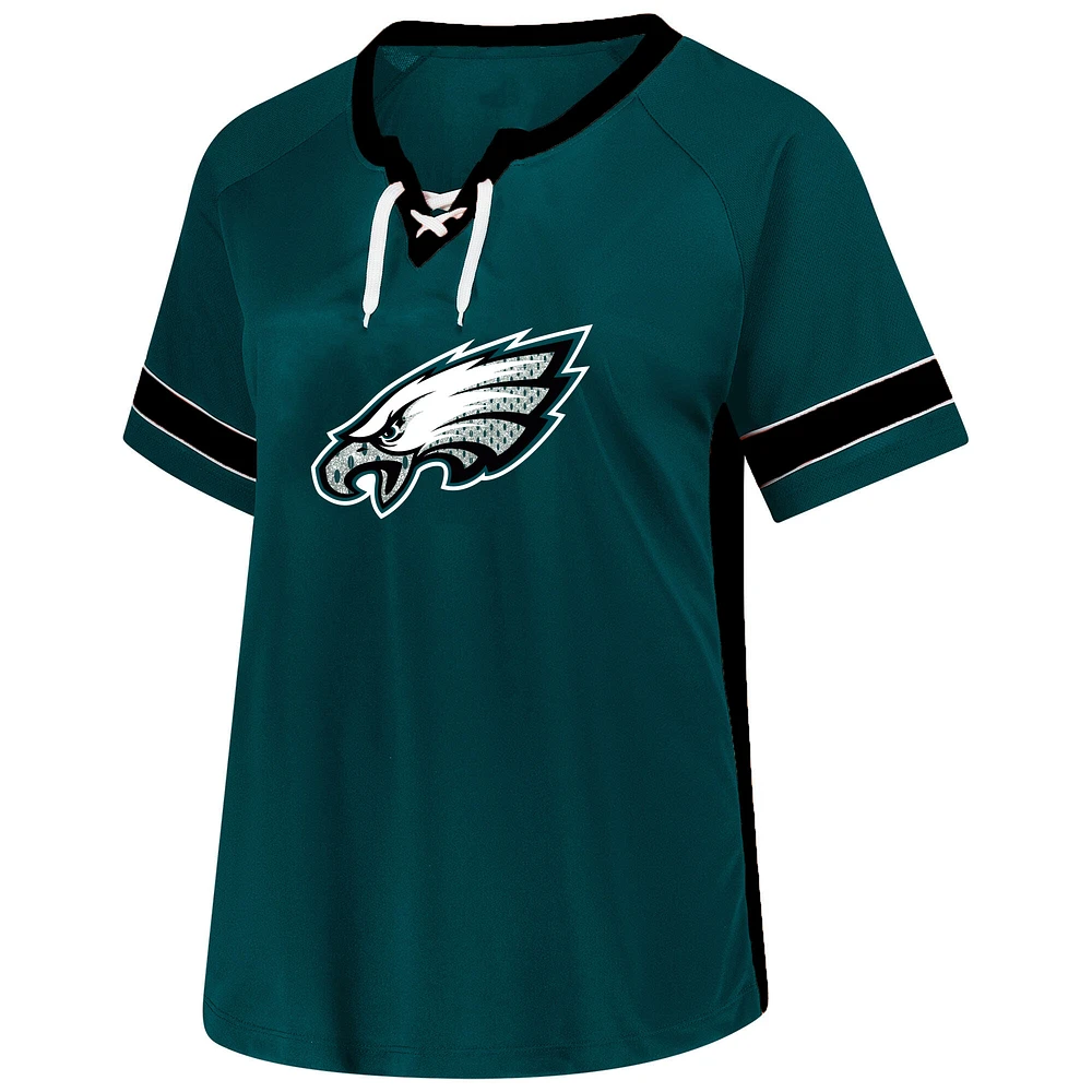 T-shirt à lacets grande taille avec nom et numéro pour femmes Fanatics Jalen Hurts Green Philadelphia Eagles
