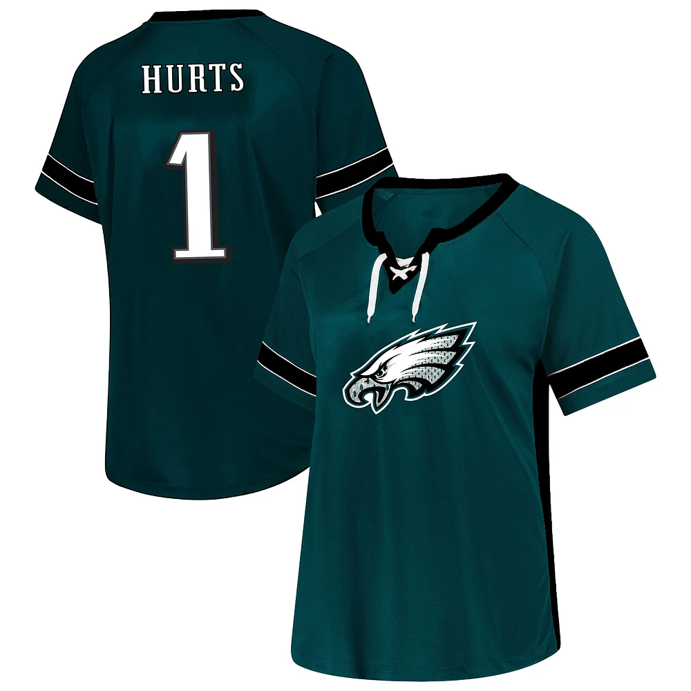 T-shirt à lacets grande taille avec nom et numéro pour femmes Fanatics Jalen Hurts Green Philadelphia Eagles