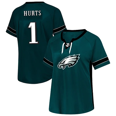 T-shirt à lacets grande taille avec nom et numéro pour femmes Fanatics Jalen Hurts Green Philadelphia Eagles