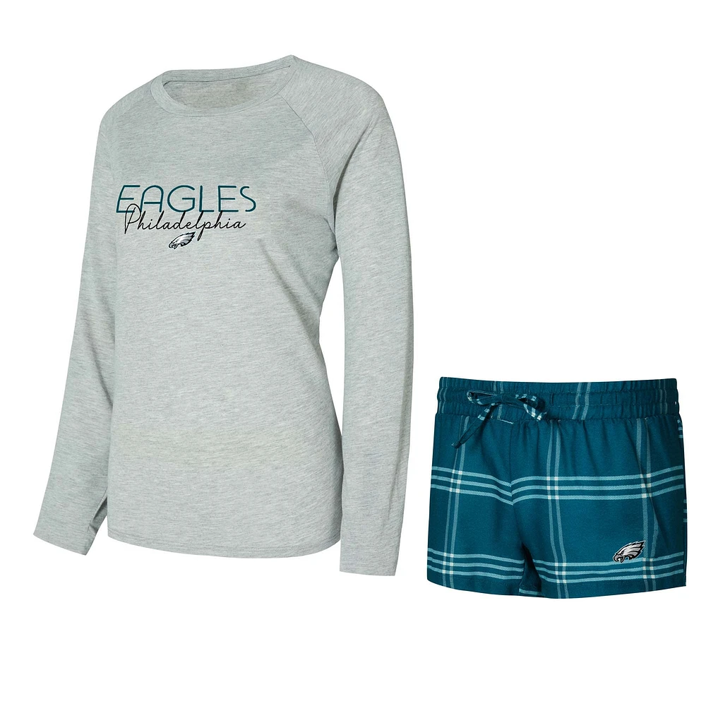 Ensemble t-shirt à manches longues et short raglan pour femme Concepts Sport Midnight Green/Gray Philadelphia Eagles Petition