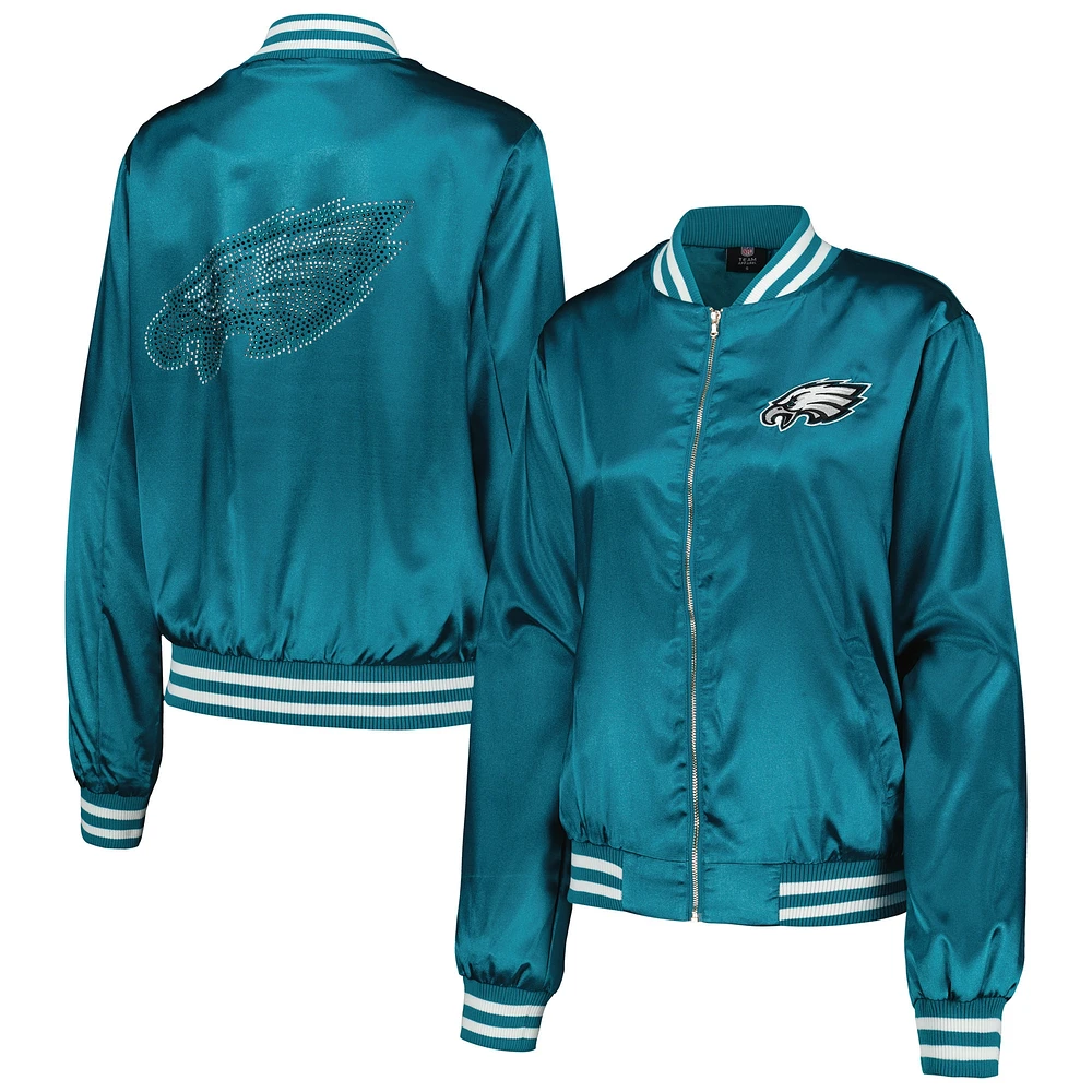 Veste universitaire à fermeture éclair intégrale en strass pour femmes Cuce Midnight Green Philadelphia Eagles