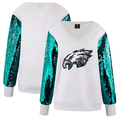 Sweat-shirt à col en V et manches sequins Cuce White Philadelphia Eagles pour femme